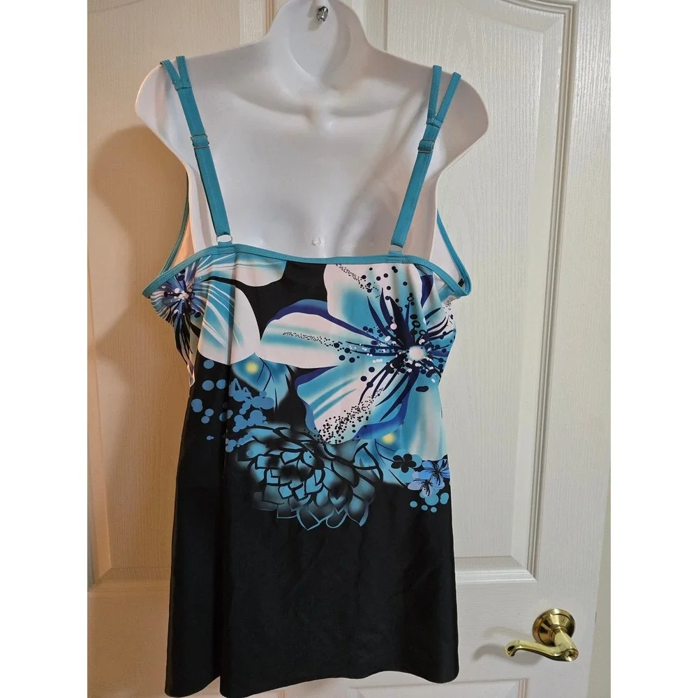 Plus Size 4XL Swim Dress Floral Print Tankini‎ Tunic Top Teal Black /0321